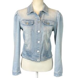 Baccini Jacket Women Petite Sz PS Light Blue Wash Cropped Ruched Shoulders Denim